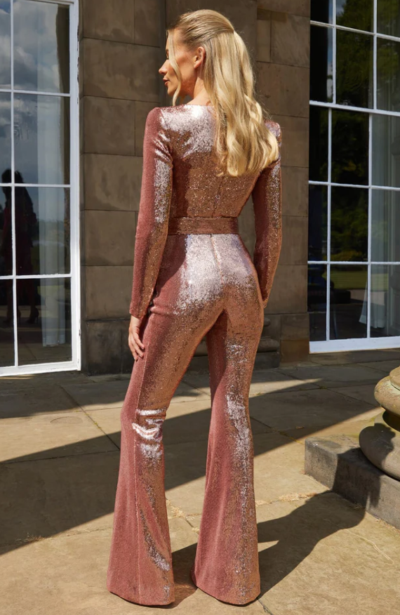 Women's Sparkly Long-Sleeve Jumpsuit with Flared Legs