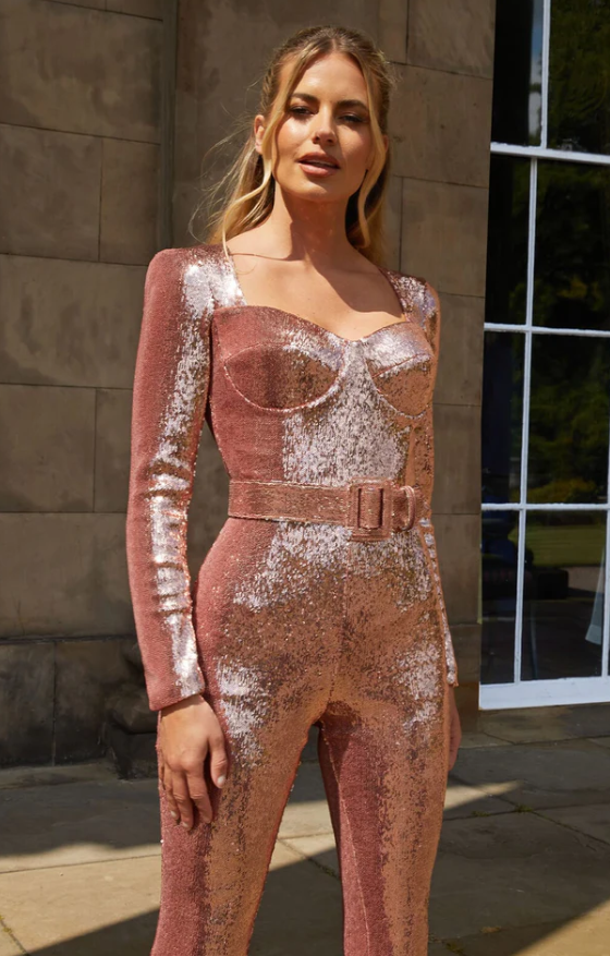 Women's Sparkly Long-Sleeve Jumpsuit with Flared Legs