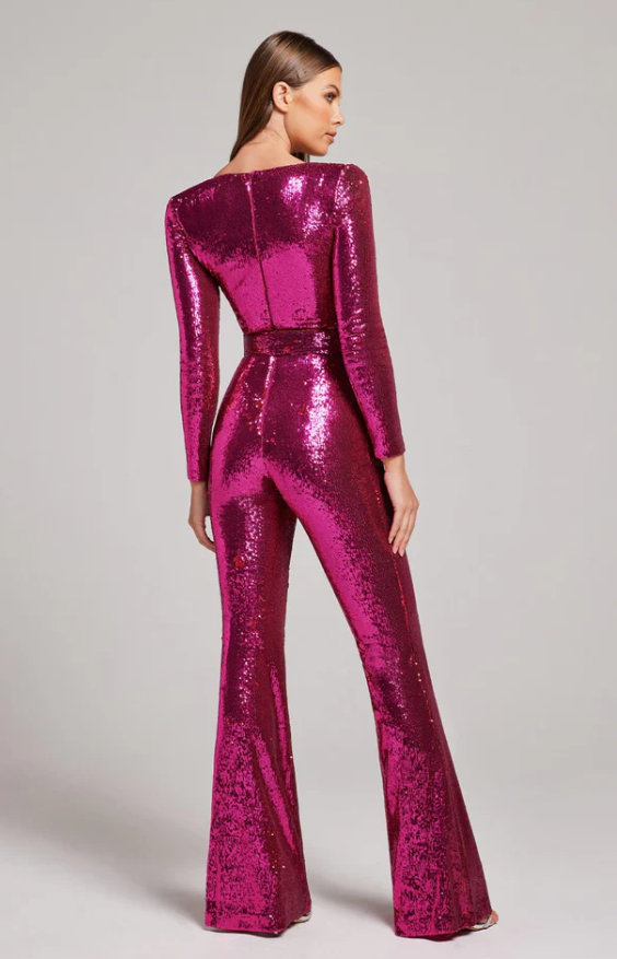 Women's Sparkly Long-Sleeve Jumpsuit with Flared Legs