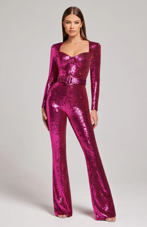 Women's Sparkly Long-Sleeve Jumpsuit with Flared Legs